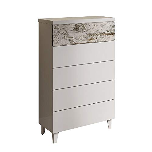 Comoda 5 Cajones, Sinfonier Dormitorio, Modelo Vintage, Acabado en Color Blanco Brillo y Decapé, Medidas: 61 cm (Ancho) x 117 cm (Alto) x 40 cm (Fondo)