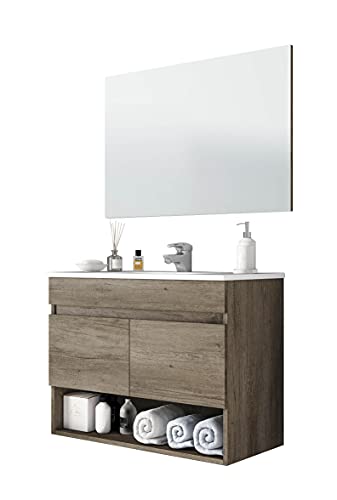 Miroytengo Mueble Lavabo Suspendido con Espejo Mueble 2 Puertas Hueco Abierto de almacenaje y Lavamanos PMMA Incluido 80x45x64 cm