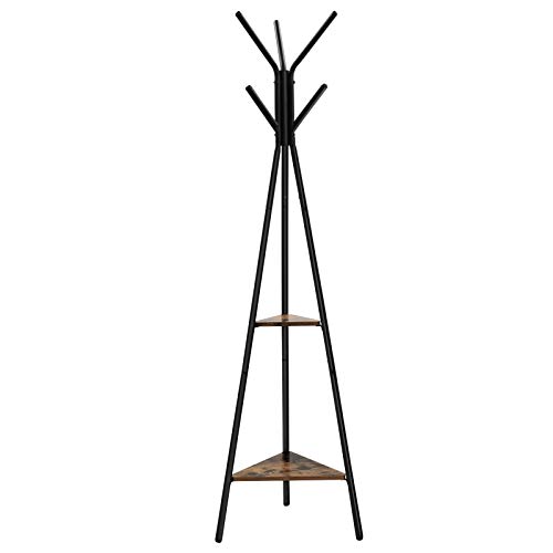 VASAGLE Perchero de Pie, Perchero para Abrigos, en Forma de Árbol, Estilo Industrial, con 2 Estantes, para Ropa, Sombrero, Bolsa, Marrón Rústico y Negro RCR16BXV1