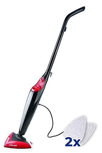Vileda Steam - Mopa a vapor con cabezal triangular, mopa eléctrica ligera con cable de 6 m, apta para suelos duros y moquetas, color rojo y negro