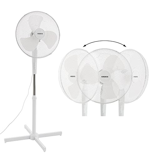 Arebos Ventilador de pie oscilante | 45 vatios | 80° de oscilación | 3 niveles de velocidad | ajustable en altura hasta 122 cm | inclinable hasta 30° | silencioso | blanco