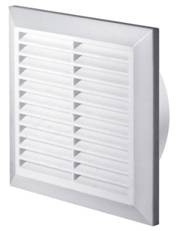 Rejilla de ventilación blanca de 200 x 200 mm con mosquitera y conducto de cuello redondo de 150 mm y rejilla de ventilación cubierta T27