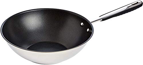 AmazonBasics Sartén Wok Antiadherente de Inducción - Acero Inoxidable, con Mango Suave al Tacto - 28 cm