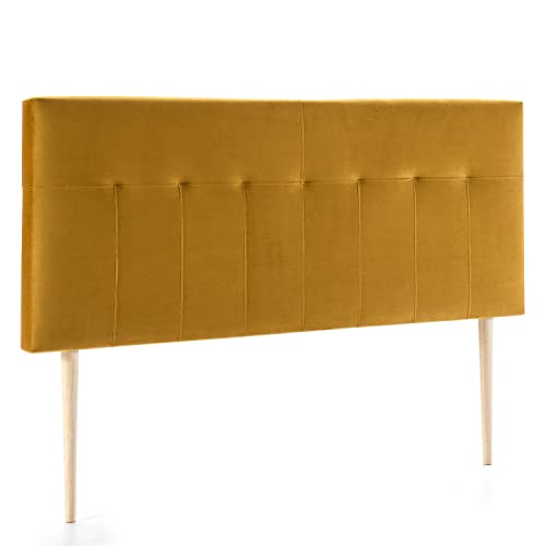 marckonfort Cabecero tapizado Nápoles 140x100 cm Mostaza, para Cama 135, Terciopelo, Patas de Madera, herrajes incluidos