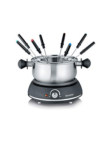 SEVERIN FO 2405 Fondue con Cacerola de Acero Inoxidable extraíble, Cable de alimentación XXL, 1.500 W, Incluye dispositivo antisalpicaduras y 8 Tenedores de Fondue, 1500 W, 1,3 litros, Negro