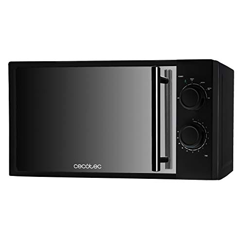 Cecotec Microondas All Black. 700 W de Potencia, Capacidad de 20 l, 6 niveles de Potencia, Temporizador 30 min, Modo Descongelar, Acabado en espejo
