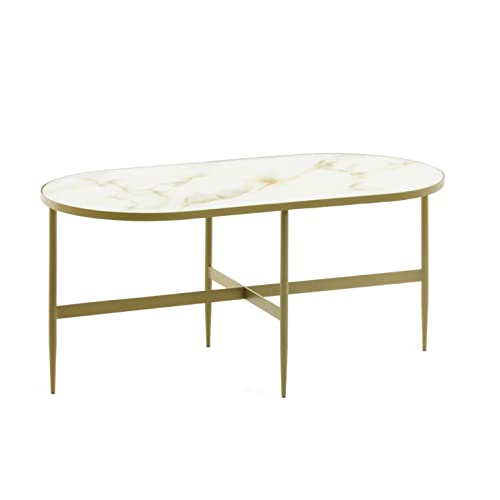 Kave Home - Mesa de Centro Elisenda Oval 100 x 50 cm de Cristal Efecto mármol y Estructura de Acero en Dorado