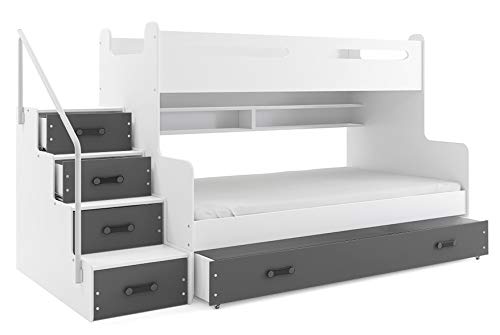 Cama litera MAX 3 -Dos colchones de Espuma 200x80 y 200x120m, somieres Flexibles y Cajon incluidos Color Blanco - Gris