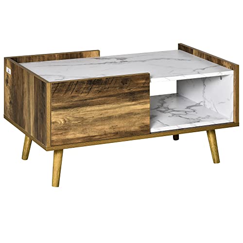 HOMCOM Mesa de Centro para Salón con Cajón y Estante Abierto Mesa de Café Industrial con Encimera de Mármol y Patas Elevadas de Madera 80x45x40,5 cm Marrón Rústico y Blanco