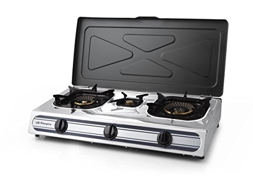 Orbegozo FO 3510 - Hornillo a gas, cuerpo inox, 2 quemadores de triple corona y 1 normal, encendido piezoeléctrico, uso interior y exterior, gas butano o propano