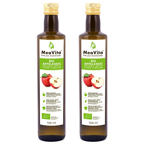 MeaVita Vinagre de Sidra Orgánico de Manzana, natural turbio y sin filtrar con nuez de vinagre, paquete de 2 (2 x 500 ml)