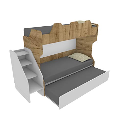 MOBILFINO CAMERETTE SMARTR Litera con tercera cama extraíble y elevable, 80 x 190 cm, fabricada en Italia, roble y blanco