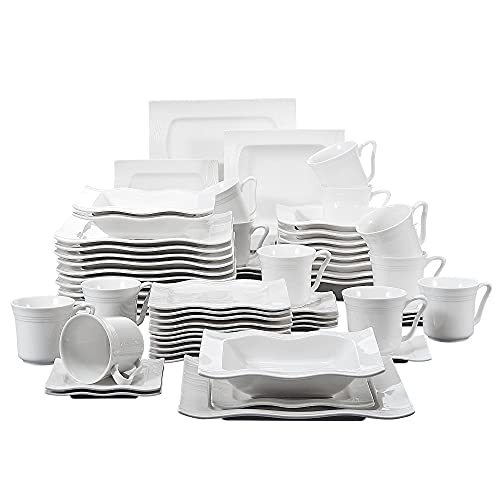 MALACASA, Serie Mario, Vajillas de Porcelana, 60 Piezas, Juego de Café, con 12 Tazas, 12 Platos Llanos, 12 Platillos, 12 Platos de Postre, 12 Platos Hondos,Vajillas para 12 Personas
