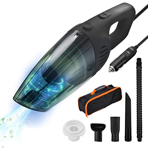 isYoung Aspirador de Coche Potente - 12V 6000PA Aspirador de Mano Portátil con Seco y Húmedo Carga Rapida Fácil y Ligera 120W 900ml Depósito con 3 Tubo y Bolsa Portátil Aspiradores de Coche Cable 4.3M