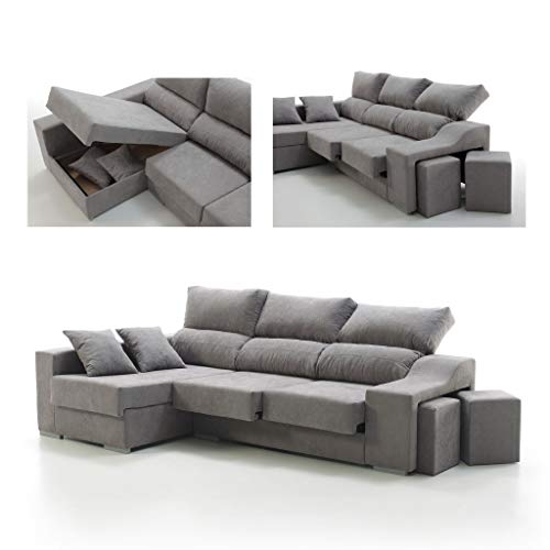 Sofá Chaise Longue 4 Plazas Gris Perla KVASIR Izquierda Tanuk 260x150 Asientos Extensibles Arcón 2 Puffs Desenfundable Sistema de Limpieza ACUALINE (Envío y Subida a Domicilio Incluidos)
