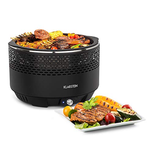 Klarstein Micro-Q 3131 Barbacoa de carbón Vegetal - Portátil, para Camping, Redonda, Parrilla de 31 cm (Ø), Batería, Incluye Bolsa, 22 x 34 Ø cm, Negro