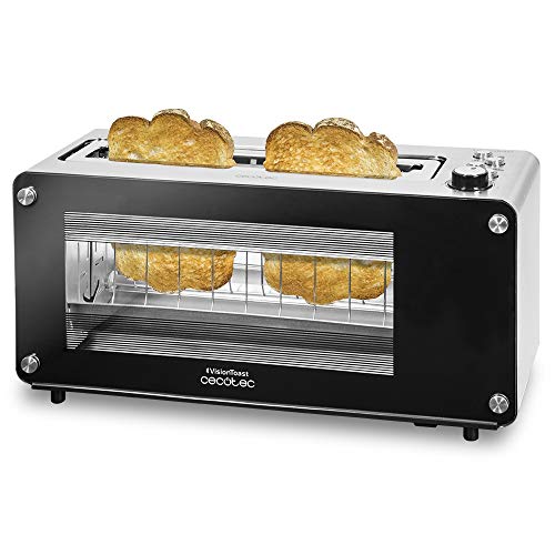 Cecotec Tostadora VisionToast. 1260 W, Capacidad 2 Tostadas, Ventanas de Cristal, Ranura XL, 7 Niveles de Tostado, 3 Funciones, 7 Posiciones, Acabados en Acero Inoxidable