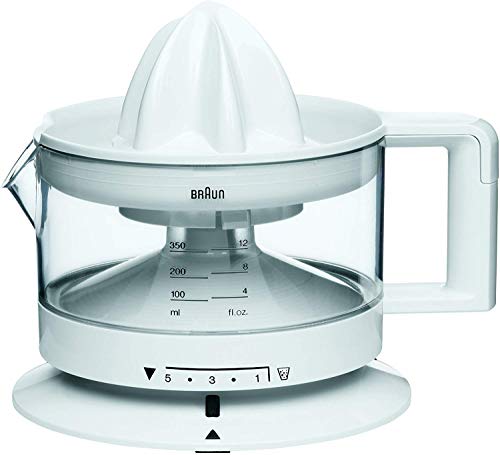 Braun CJ3000 WH - Exprimidor Eléctrico de Naranjas, 20 W, 350 ml, Cantidad de Pulpa Ajustable, Apto para Lavavajillas, Diseño Icónico, Blanco