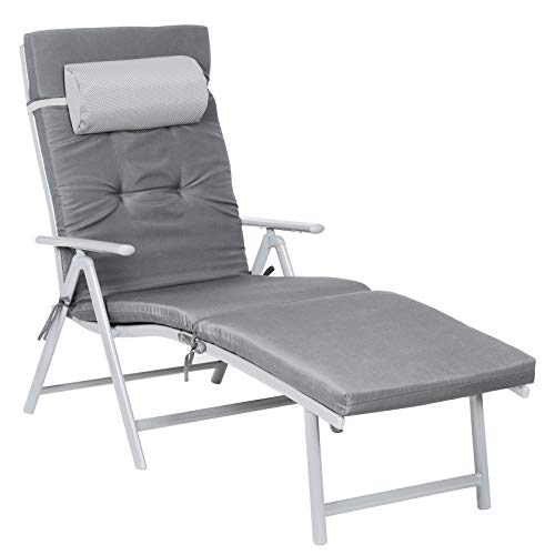 SONGMICS Tumbona Plegable, Cama de Sol con Colchón de 6 cm, Reposacabezas Desmontable, Aluminio Inoxidable, Transpirable, Cómoda, Reclinable, MAX. Capacidad de Carga 150 Kg, Gris Ahumado GCB24GY