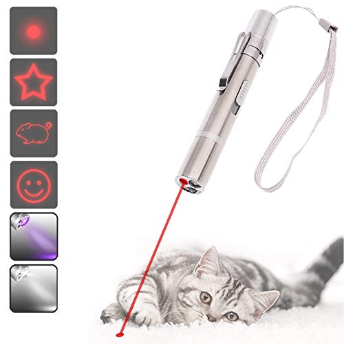 Juguetes para gatos Puntero LED, USB recargable 3 en 1 Función, Mini linterna + Luz roja + Luz ultravioleta, Interactivo Mascota Comando de luz, Herramienta de entrenamiento para Gato Perro Cazador
