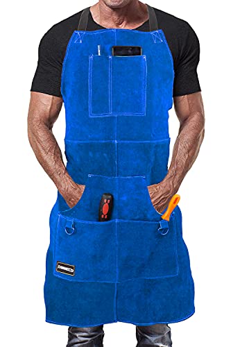 DIMWELD Mandil de Soldador Premium de Cuero Protector para Hombre. Delantal de Herrero Termico Ignifugo para Soldadura en Taller con 6 Bolsillos para Herramientas