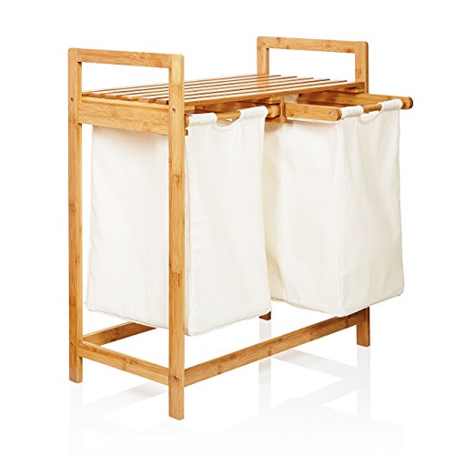 Lumaland Estantería de Baño en Bambú con Cestas para la Colada - Cesto para Ropa Sucia con 2 Compartimientos Extraíbles - Mueble Organizador para Lavadora - 73 x 64 x 33 cm/Beige
