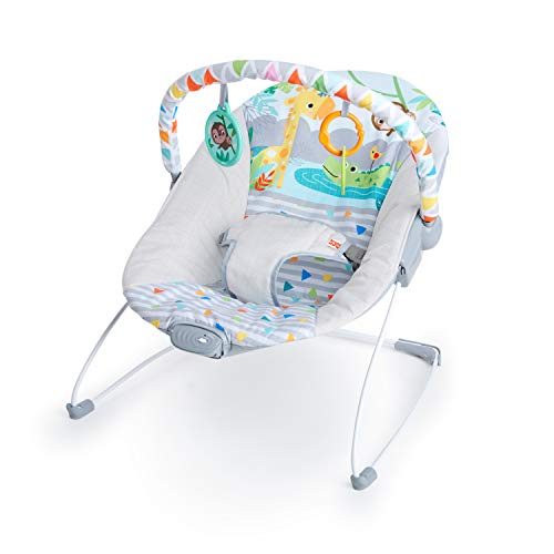 Bright Starts, Hamaca Mecedora para Bebé - Safari Fun, vibraciones relajantes, arco de juego con 3 juguetes, asiento lavable a máquina, arnés de 3 puntos, desde recién nacidos hasta los 9 kg