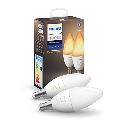 Philips Hue - Bombilla inteligente, E14, Luz cálida y fría, 5.2W, Compatible con Alexa y Google Home - Pack de 2 Bombillas LED inteligentes