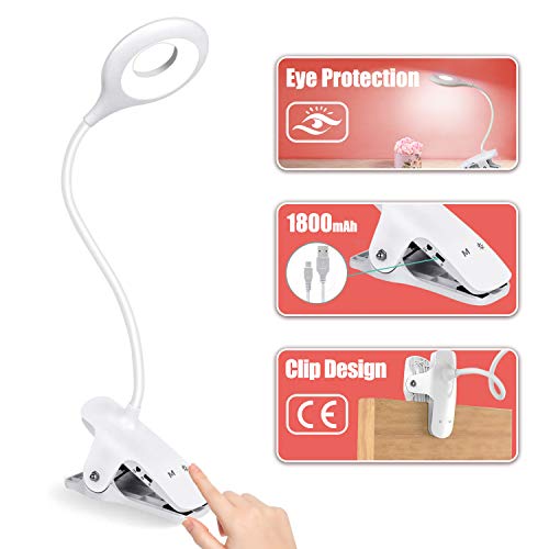 Bteng Luz Lectura LED, Lamparas Escritorio 28 LEDs con Flexo Pinza, 3 Modos de Brillo e Intensidad, Luz Lectura Libros Cama Recargable USB para Infantil, Blanco