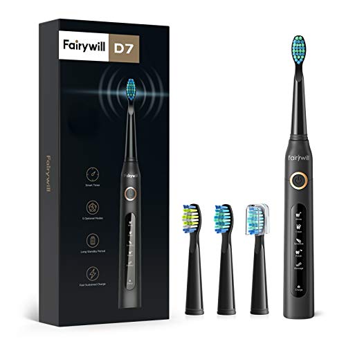 Fairywill Cepillos De Dientes Sonicos,Cepillos De Dientes Electricos con 5 Modos de Cepillado,Carga 4 Horas por 30 Días, 3 Recambio Cabezales, IPX7 Impermeable Negro