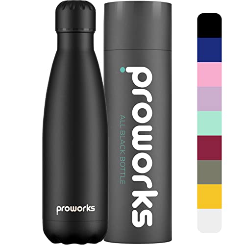 Proworks Botellas de Agua Deportiva de Acero Inoxidable | Cantimplora Termo con Doble Aislamiento para 12 Horas de Bebida Caliente y 24 Horas de Bebida Fría - Libre de BPA - 1L - Todo Negro
