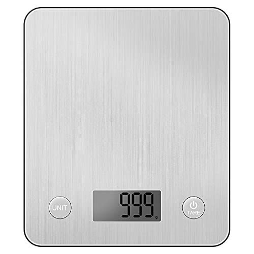 FiveFine Báscula de Cocina Grande, Balanza Cocina de Acero Inoxidable, Peso Cocina Digital con Alta Precisión, Balanza de Alimentos Multifuncional, con Pantalla LCD, Color Plata (Baterías Incluidas)