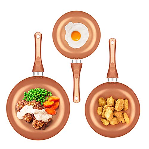 Increíble juego de 3 sartenes con 2 tapas con revestimiento de cobre y cerámica ultrarresistente antiarañazos y asas antiquemaduras - Sin PFOA 20/24/28 cm para cocinas de inducción y gas - 07