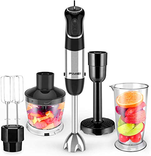 FIMEI Batidora de Mano 800 W, Batidora Eléctrica Acero Inoxidable con 2 Batidora de Huevos, 6 Velocidades Ajustables, Robot de Cocina 5 en 1 con Prensa Patatas, 600 ml Becher, 500 ml Chopper